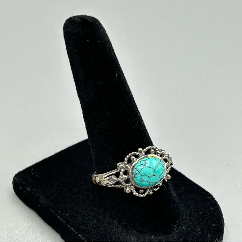 Vintage 925 Sterling Silver Turquoise Filigree Ring | Size 7 Boho - Picture 7 of 13